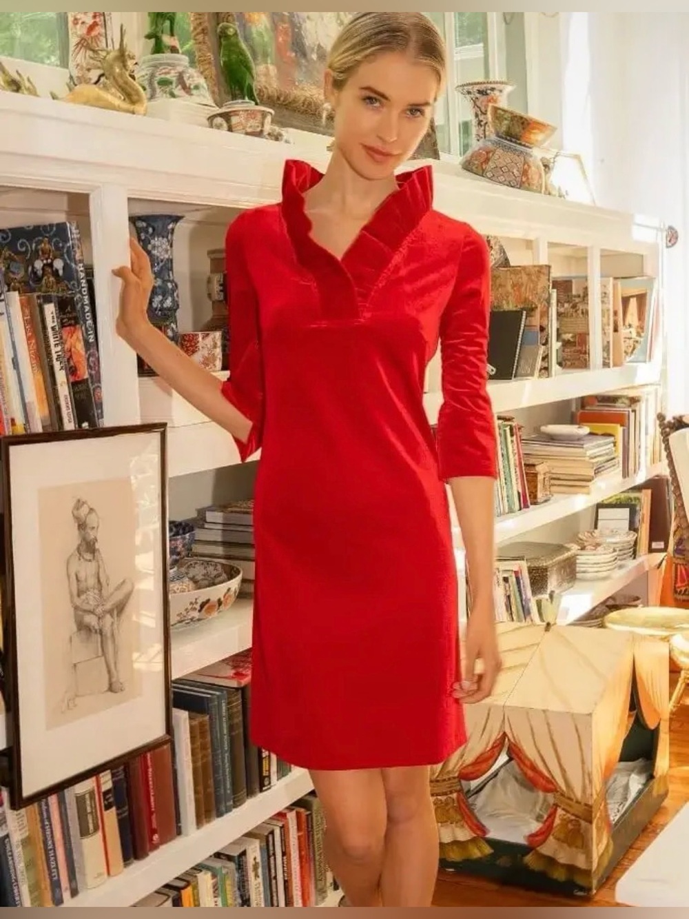 Gretchen Scott Red Silky Velvet Ruffle V-Neck Shift Dress